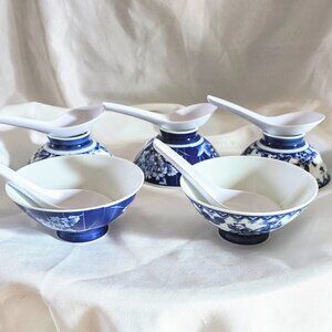 5 Vintage Japanese Blue & White Rice Bowls with Spoons. Floral and Children